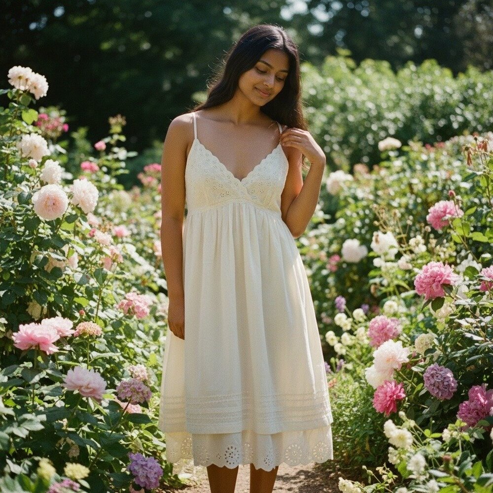NWT Forever 21 Cottagecore Eyelet Lace Babydoll Dress Cream Cotton Size L - Picture 10 of 16